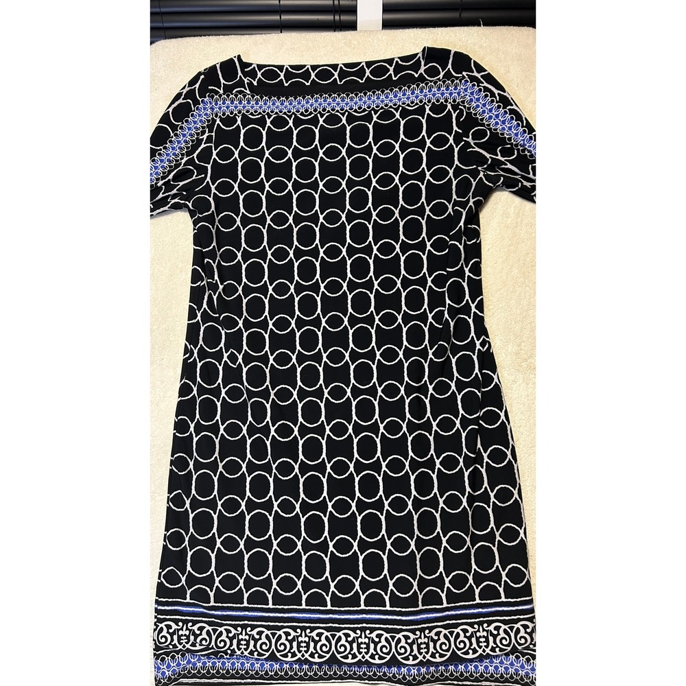 Joseph Ribkoff Shift Dress Womens 12 Black Geometric Chain Link Long Sleeve